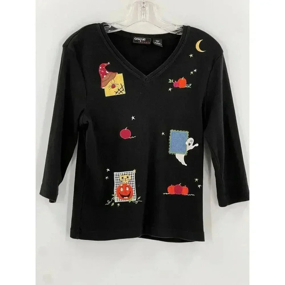 Onque Casual Top Halloween Embroidered Blouse Cat Ghost Pumpkins Easy Wear SMALL - Picture 1 of 7